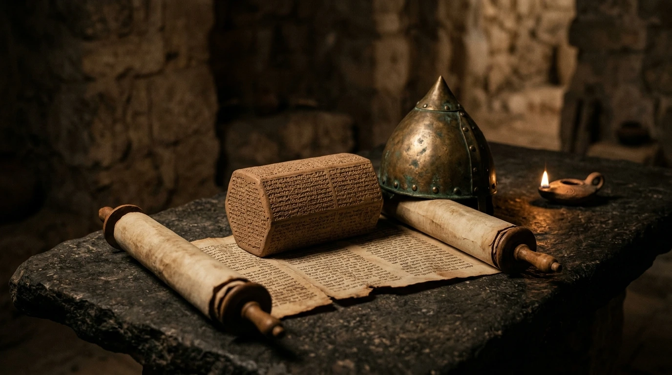 Historical and artistic reconstruction of the devastated Assyrian siege camp outside the walls of Jerusalem at dawn with abandoned weapons and chariots