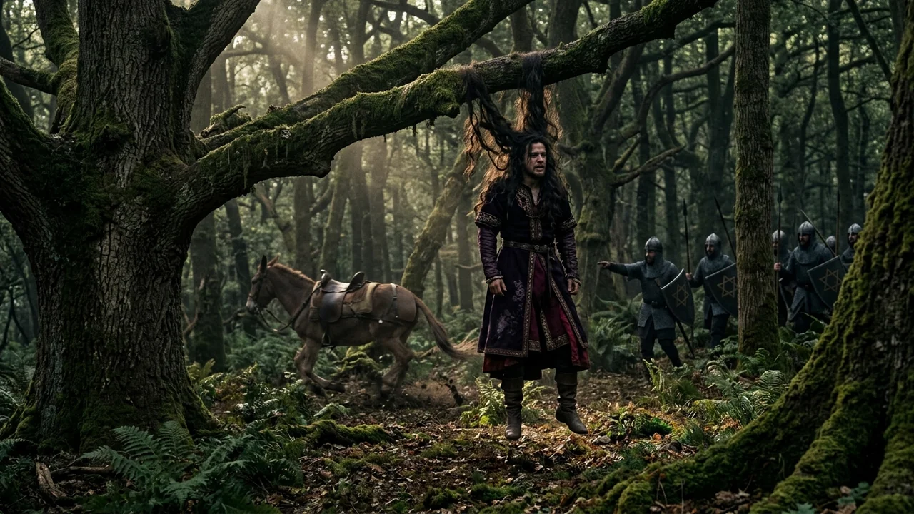 Dense primeval oak forest of Ephraim as Prince Absalom is suspended by his thick hair tangled in ancient mossy branches with soldiers approaching