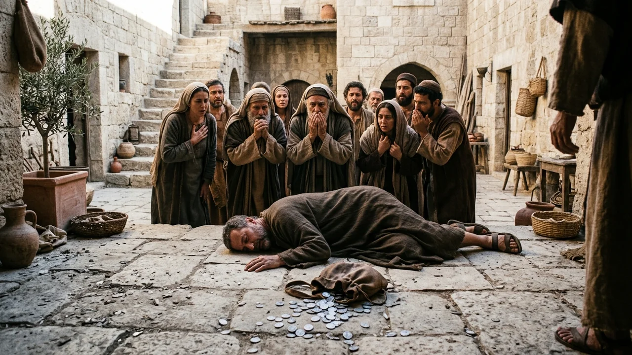 Courtyard of early Christian community in Jerusalem, money bag with silver shekels lying open on stone floor, man collapsed lifeless as stunned onlookers look on in fear