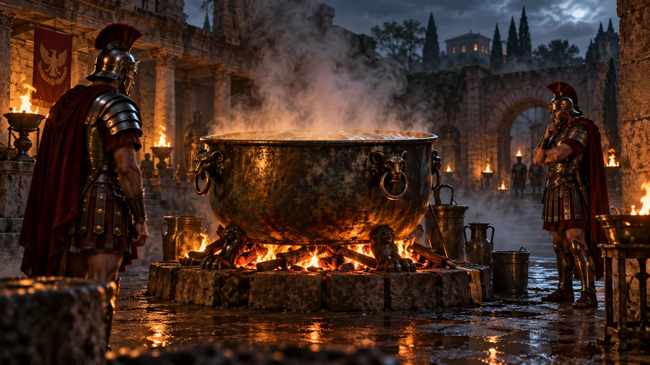 Historical scene of Apostle John stepping untouched from the boiling oil cauldron before Emperor Domitian at the Porta Latina in Rome
