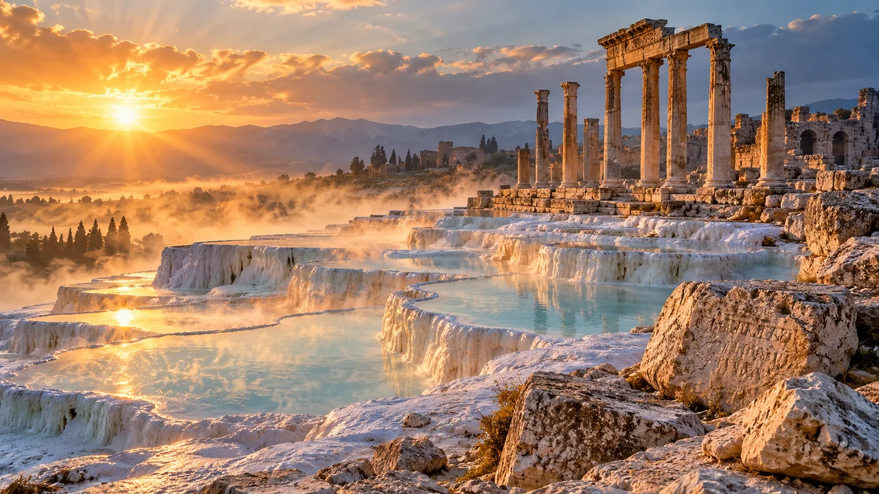 Ancient Roman Hierapolis mineral springs and ruined classical columns beneath misty sunrise