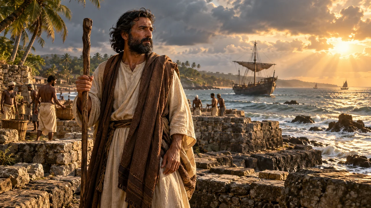 Historical depiction of Apostle Thomas landing on the ancient Malabar coast of India in the 1st century
