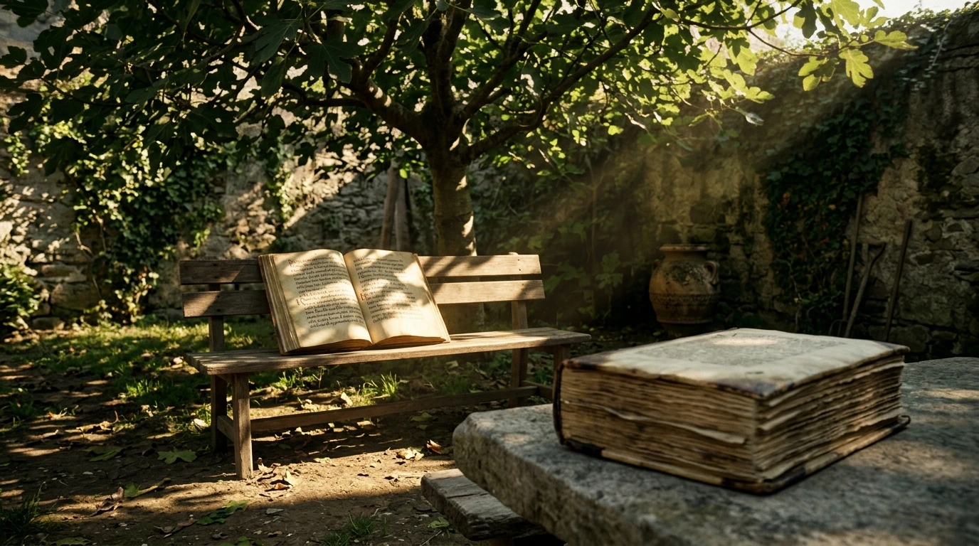 Saint Augustine of Hippo weeping in a Milan garden while holding open the codex of Paul’s Epistles