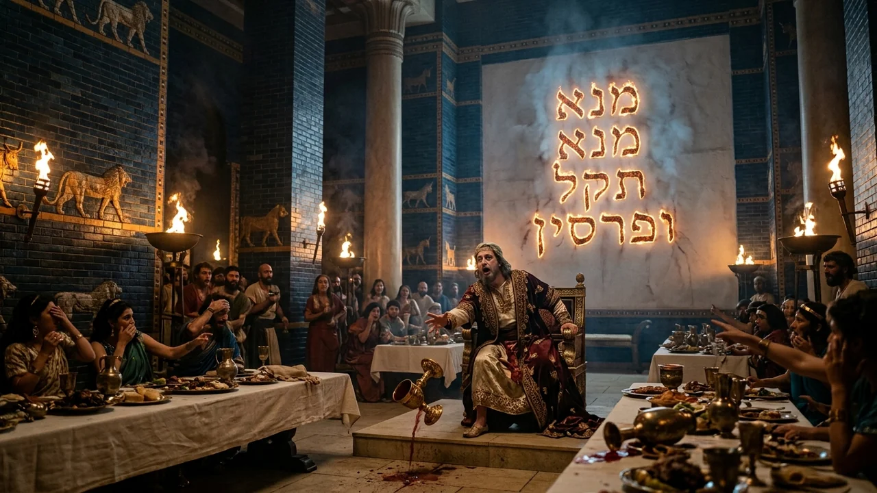 Massive Babylonian banquet hall with blue glazed bricks as terrified King Belshazzar drops a golden goblet seeing glowing letters burn into the plaster