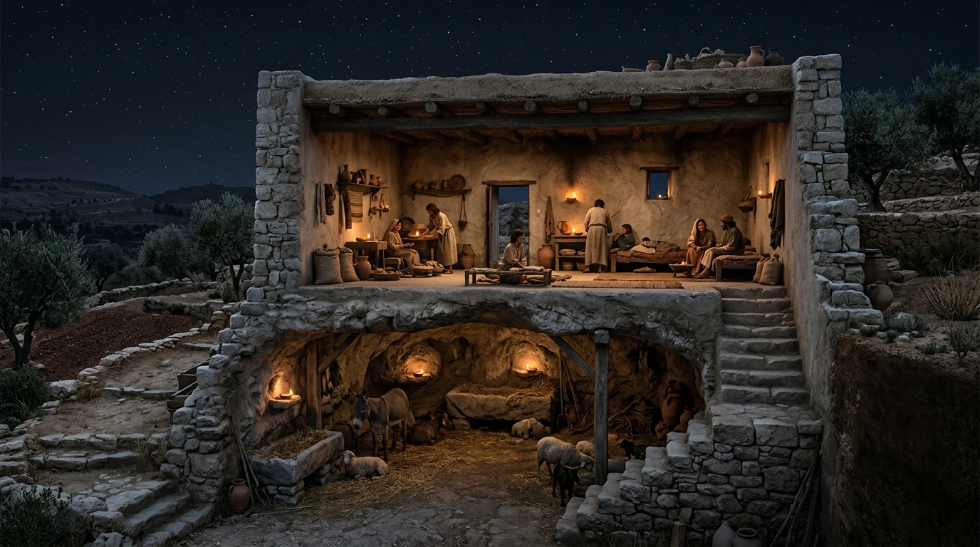 Visual architectural reconstruction of ancient biblical Bethlehem of Judea showing terraced limestone hillsides, traditional stone courtyard homes integrated into natural hillside grottos, and the ancient First Temple bulla artifact