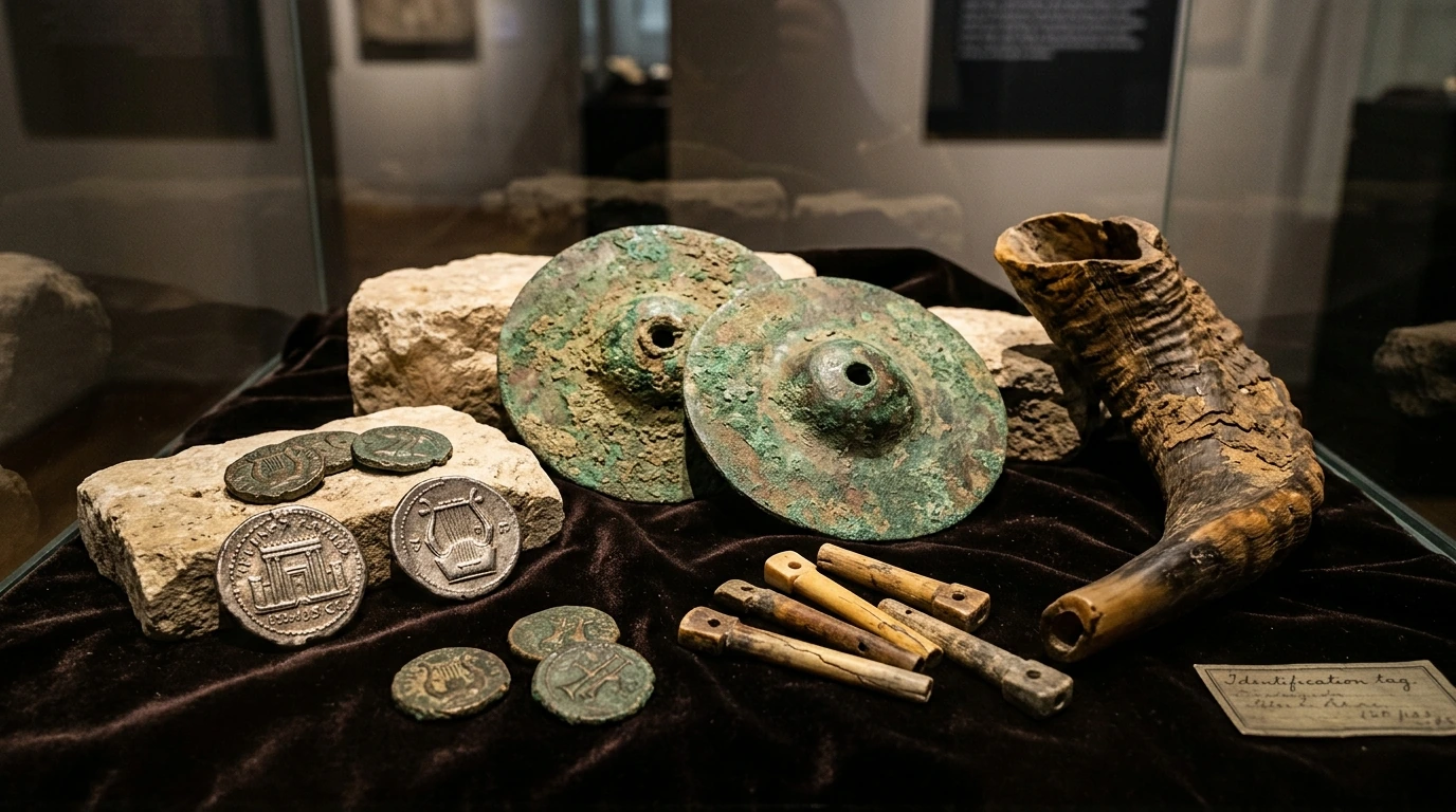 Museum display of ancient excavated biblical musical artifacts including a curved ram’s horn shofar, an ivory and wood reconstructed Kinnor lyre, and bronze temple cymbals