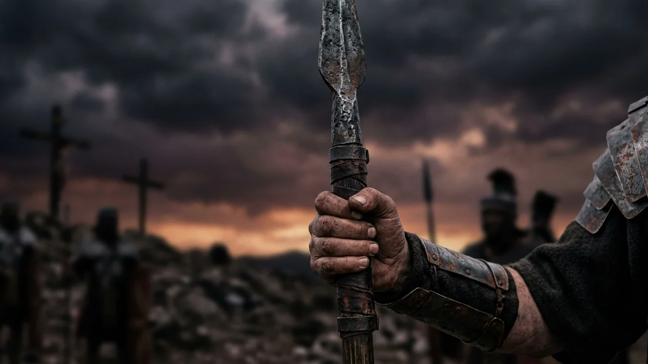 Solemn cinematic shot of the tip of a Roman iron lance held by a centurion at Calvary, dramatic dark cloudy sky with solar darkness