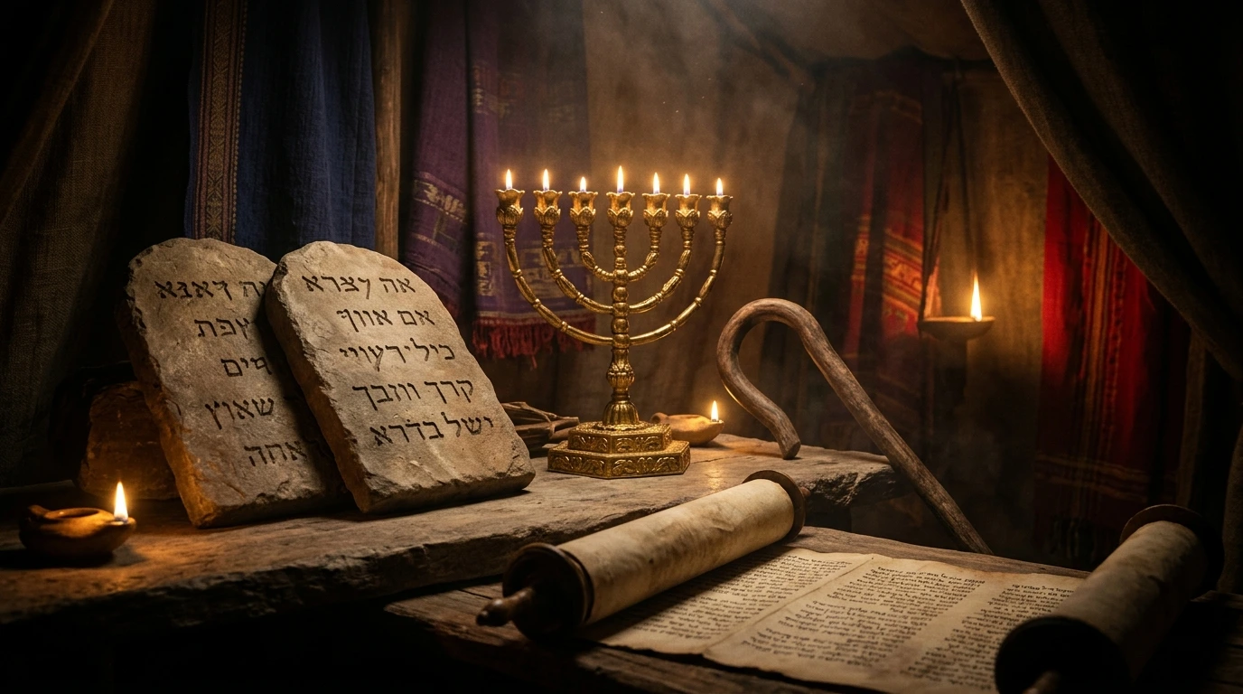 Ancient biblical scroll open to Exodus with artistic depiction of the Tabernacle and Mount Sinai