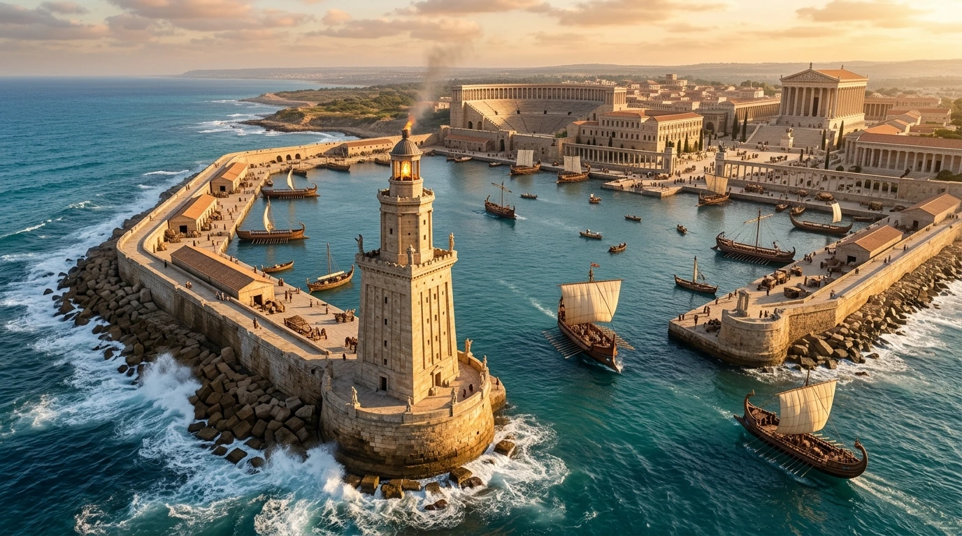 Panoramic aerial view of ancient Caesarea Maritima on the Mediterranean coast showing the submerged Roman breakwaters of Herod's harbor, the restored Roman theater, and the limestone Promontory Palace foundations