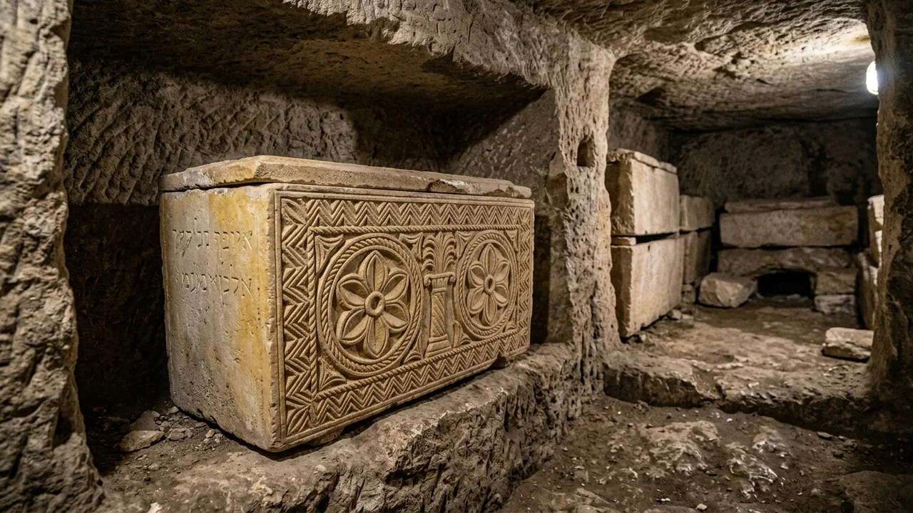 Ancient underground burial chamber in Jerusalem, an ornate 1st-century limestone bone box ossuary decorated with carved rosettes, inscribed with ancient Aramaic name of Caiaphas