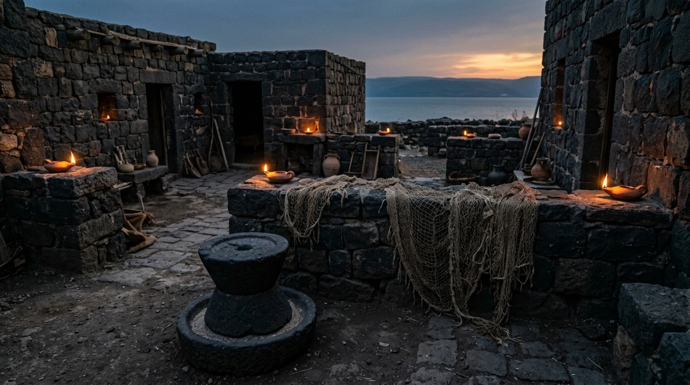 Ruins of ancient Capernaum on the Sea of Galilee featuring the white limestone synagogue and the modern glass church over Peter's house