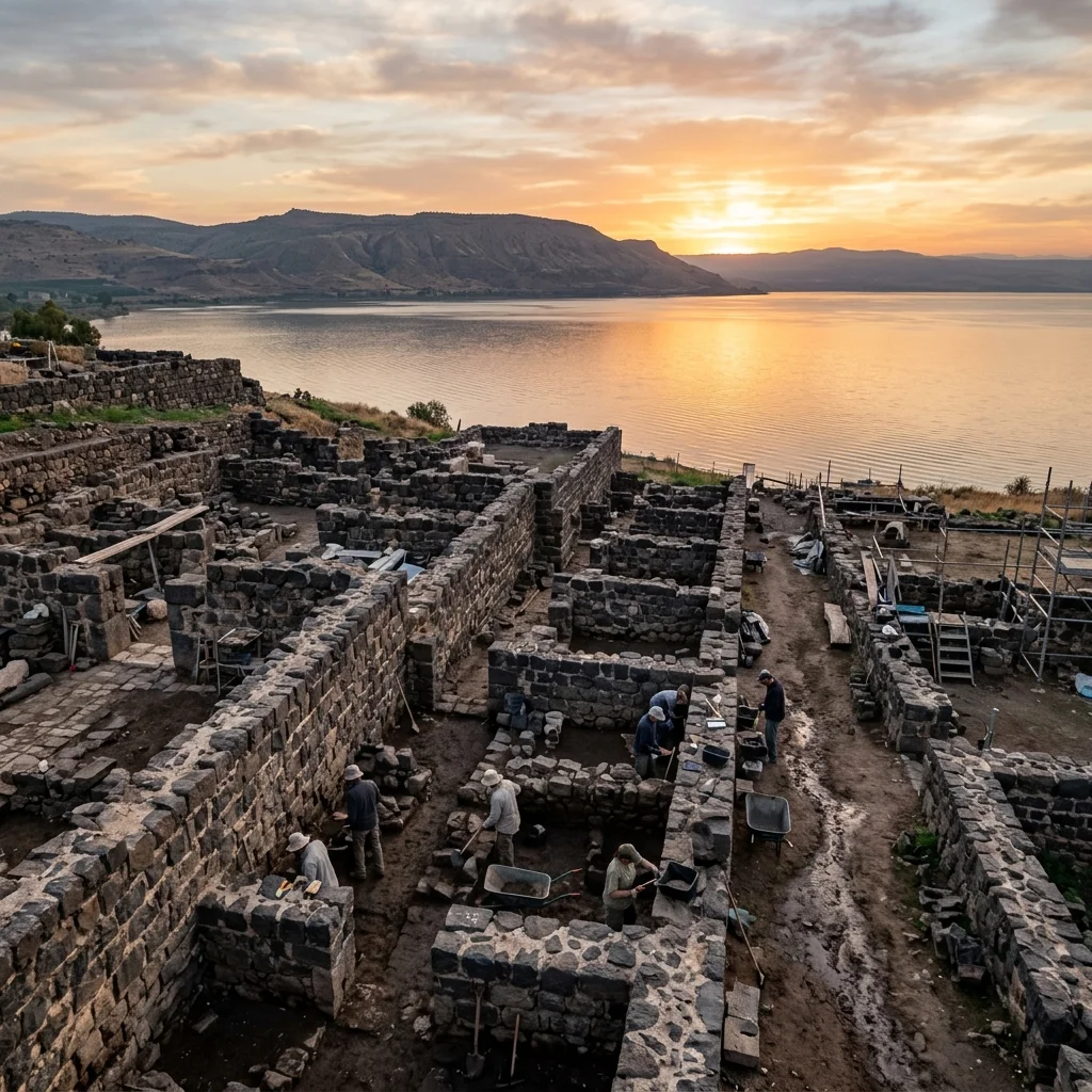 Archaeological excavation site of ancient 1st-century black basalt walls in Capernaum