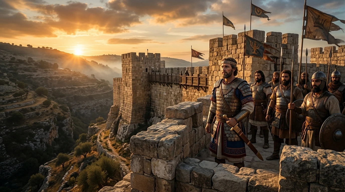 Golden sunrise over Mount Moriah and the ancient City of David with biblical scrolls depicting the Davidic covenant
