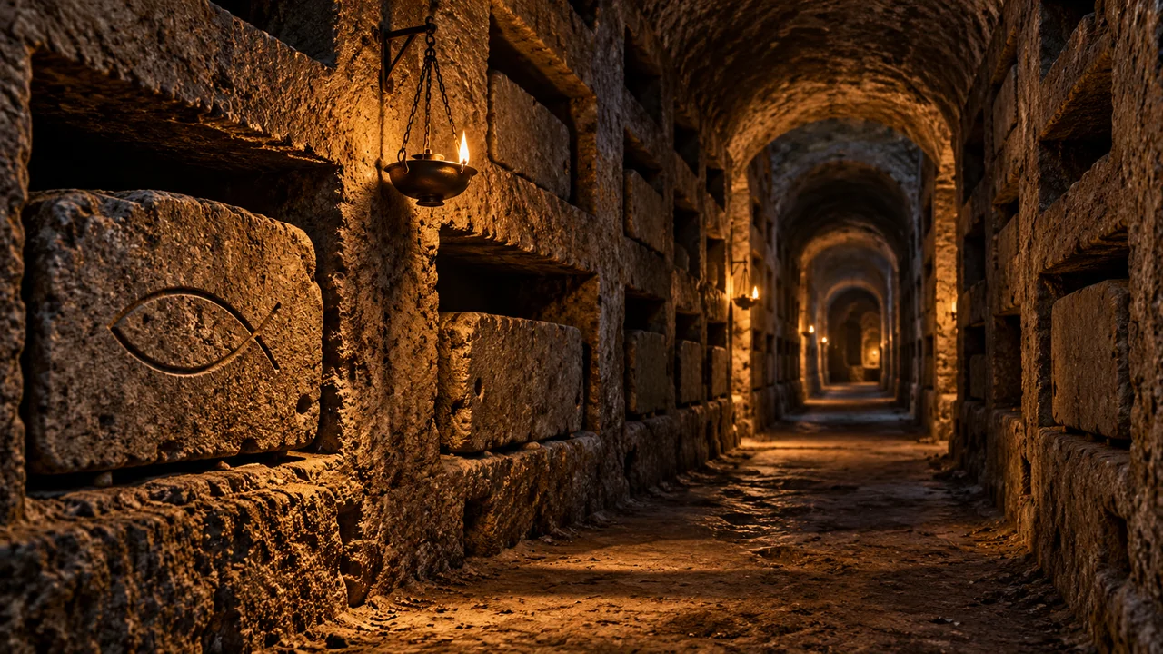 Subterranean ancient Roman catacomb corridor carved in volcanic tufa stone with loculi burial niches and early Christian fish symbols in soft torchlight