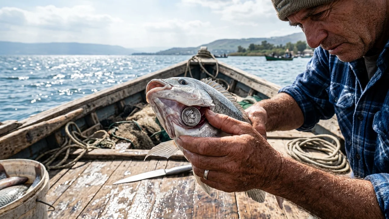 Wooden fishing boat deck on Sea of Galilee, fisherman hands gently prying open the gills of a freshwater silver tilapia revealing an ancient silver Tyrian stater coin inside mouth