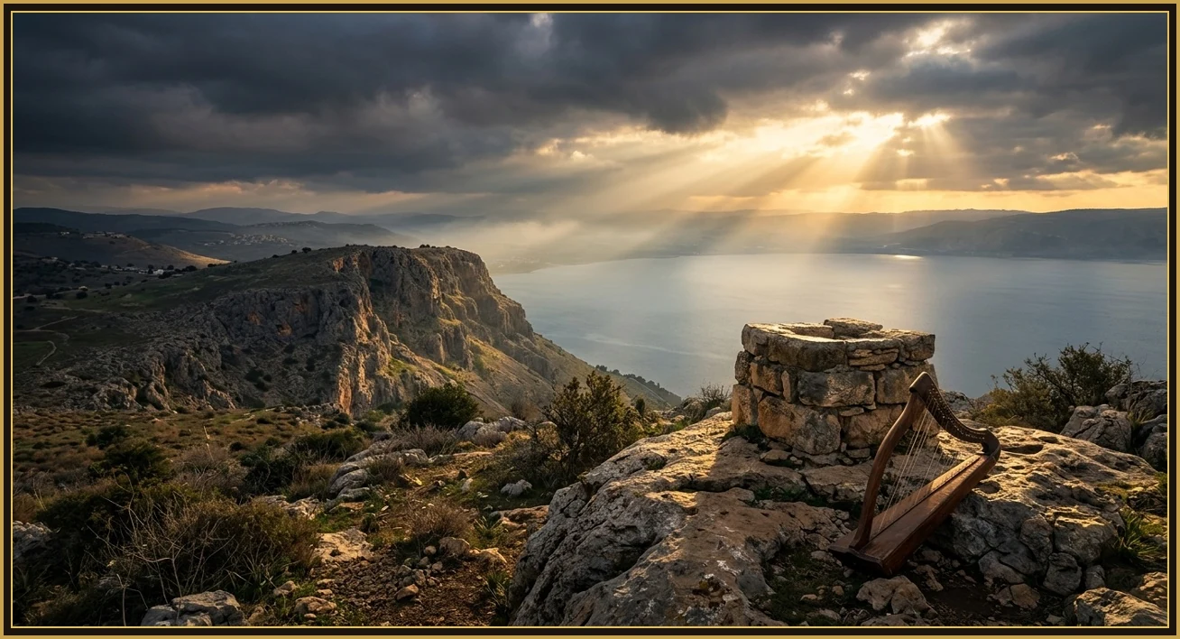 A solitary biblical believer awakening at dawn with hands lifted in spoken spiritual declaration