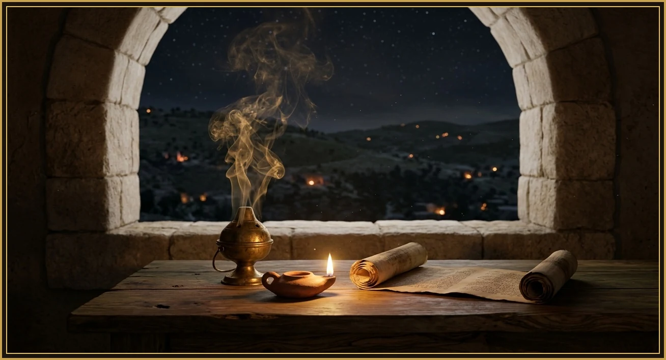 A peaceful biblical sanctuary with an evening incense altar and a burning clay oil lamp