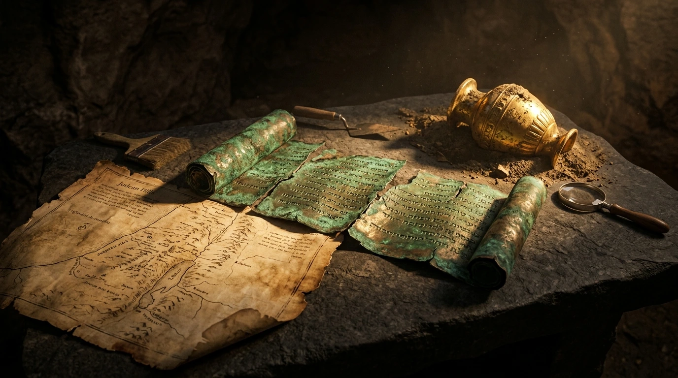 The oxidized metallic segments of the Copper Scroll 3Q15 displayed under glass showing engraved Mishnaic Hebrew characters inventorying temple gold and silver