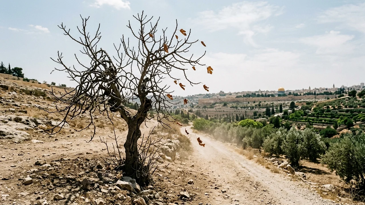 Lone barren fig tree by rocky dusty roadside near Mount of Olives, branches twisted, dry cracked leaves falling in dry desert wind
