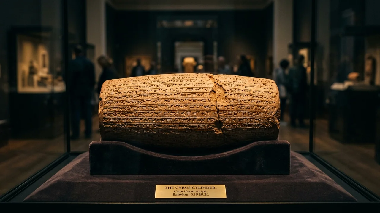 Macro museum display of the famous baked clay Cyrus Cylinder covered in ancient Akkadian cuneiform inscriptions, soft golden museum illumination