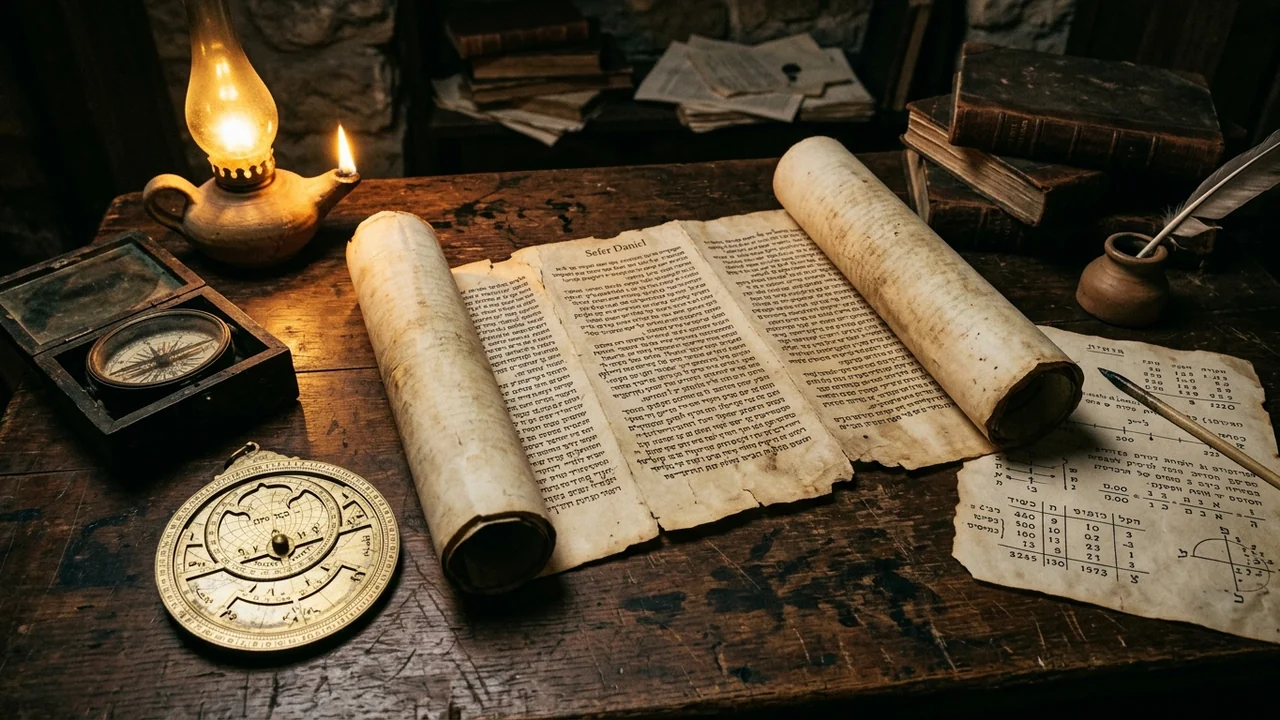 Ancient Hebrew parchment scroll of the Book of Daniel open on worn scholar desk, illuminated by flickering oil lamp, surrounded by ancient astrolabe, compass and handwritten mathematical time calculations