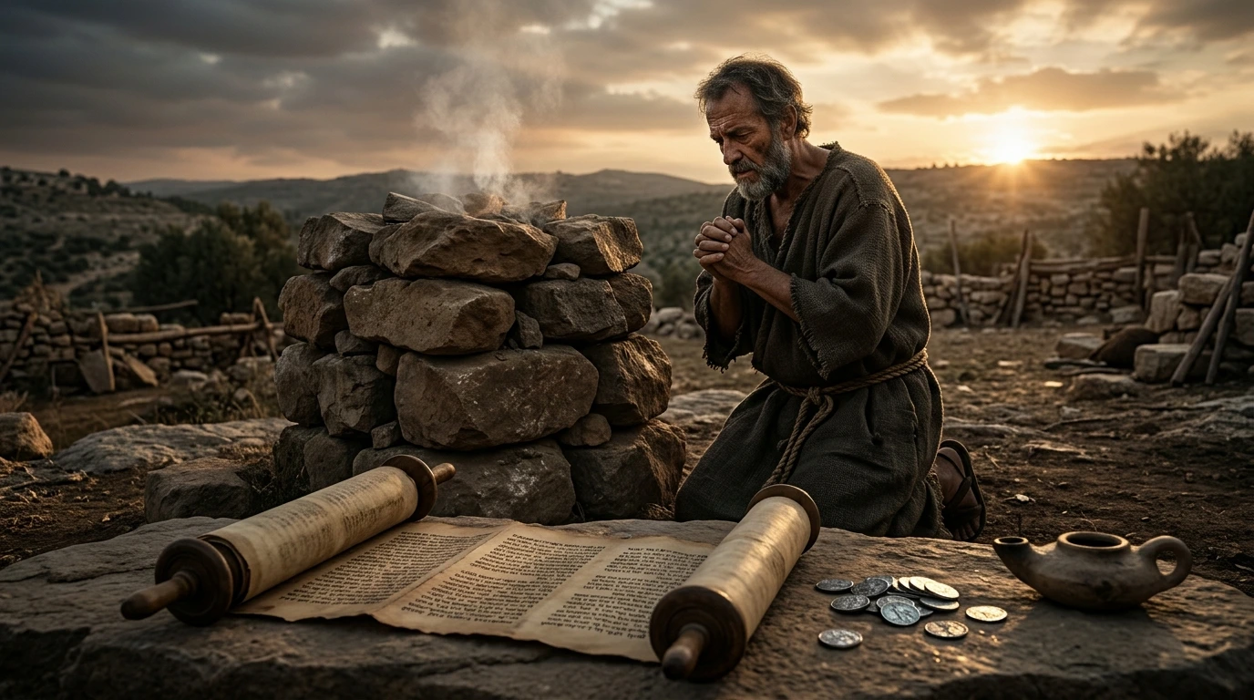 Ancient biblical scroll of Samuel and Chronicles open to the census account overlooking the threshing floor of Araunah