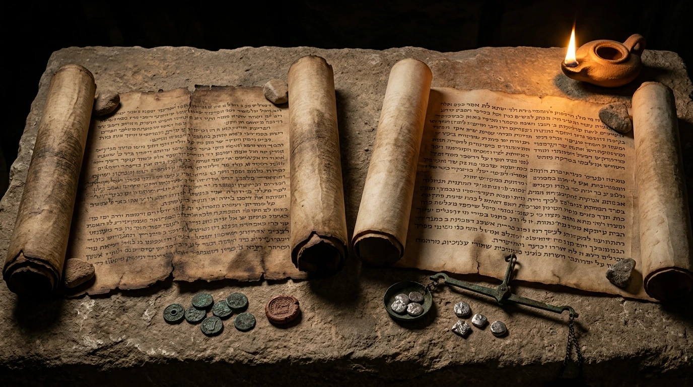 Ancient Hebrew scrolls of Samuel and Chronicles open on a wooden table with silver shekels and sanctuary incense altar