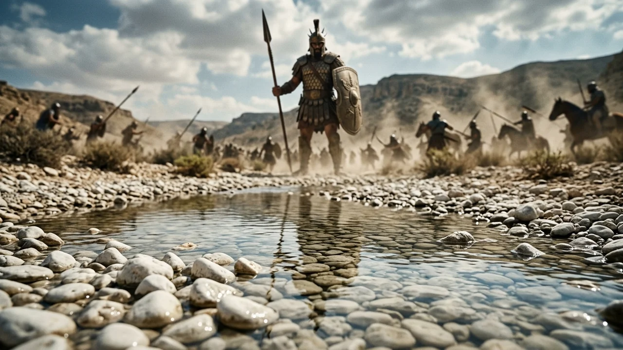 Dry rocky riverbed of the Valley of Elah with smooth white limestone pebbles as a towering Philistine warrior stands in the distance