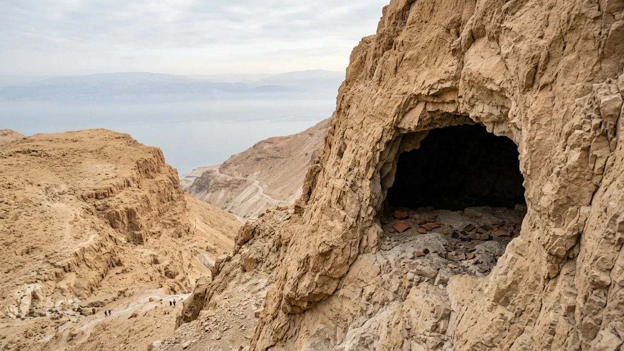 Arid desert cliffs of Qumran overlooking the misty Dead Sea, natural opening of Cave 4 in the rock face, interior scattered with terracotta pottery fragments and dark parchment fragments