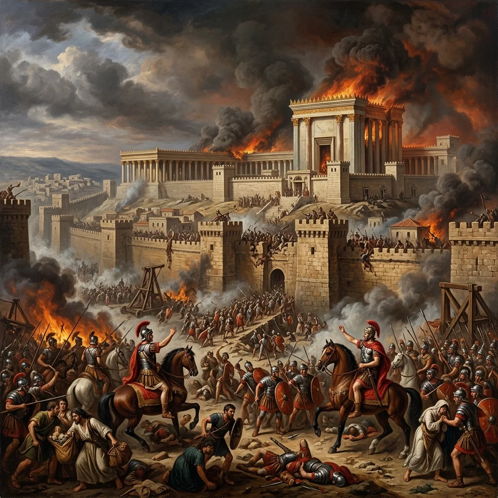 Dramatic historical painting of 70 AD Siege of Jerusalem and Second Temple burning