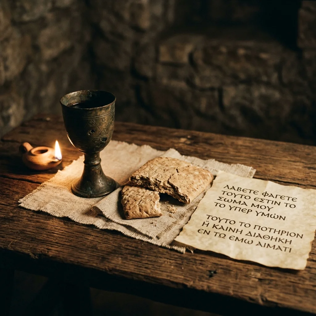 First century communion chalice, broken bread, and Greek papyrus text
