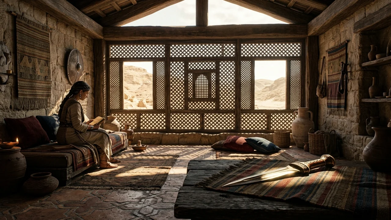 Private rooftop summer chamber in ancient Moabite palace as an ornate bronze dagger blade gleams in the shadows