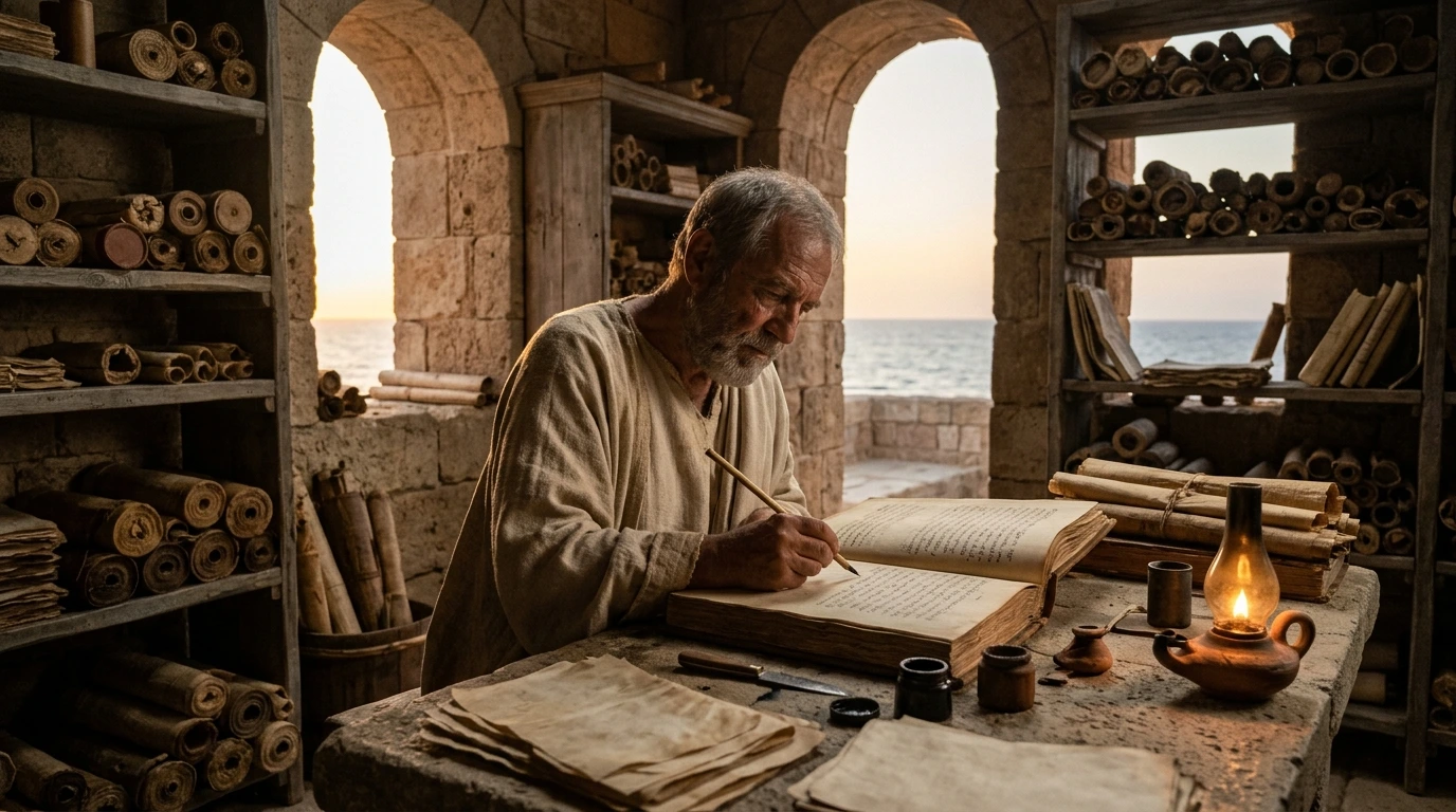 Bishop Eusebius of Caesarea examining ancient papyrus scrolls in the Library of Caesarea alongside Emperor Constantine