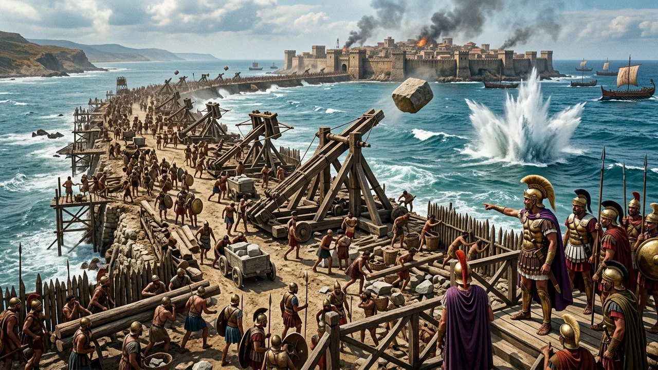 Massive military engineering project of Alexander the Great at ancient Tyre, soldiers and catapults throwing huge stone blocks and timber into the sea building a land bridge toward the island citadel under siege