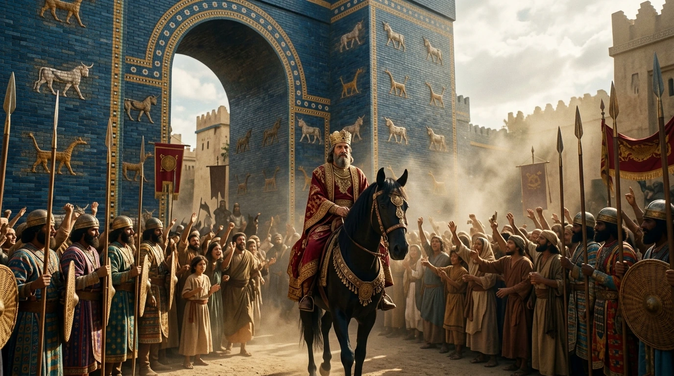 Persian royal standards and banners rising over the grand processional street and Ishtar Gate of ancient Babylon at twilight