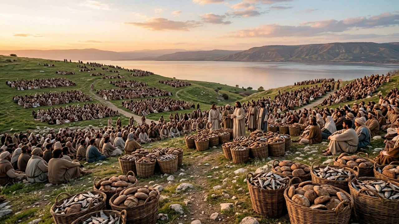Gentle green hills of Tabgha overlooking Sea of Galilee at golden hour, thousands of seated people in orderly groups of fifties and hundreds, wicker baskets overflowing with rustic barley loaves