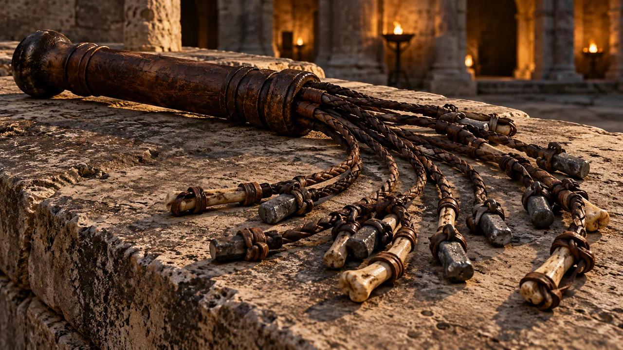 Detailed historical artifact still life of an authentic Roman flagrum whip resting on an ancient stone block with lead balls and sheep bone tips visible