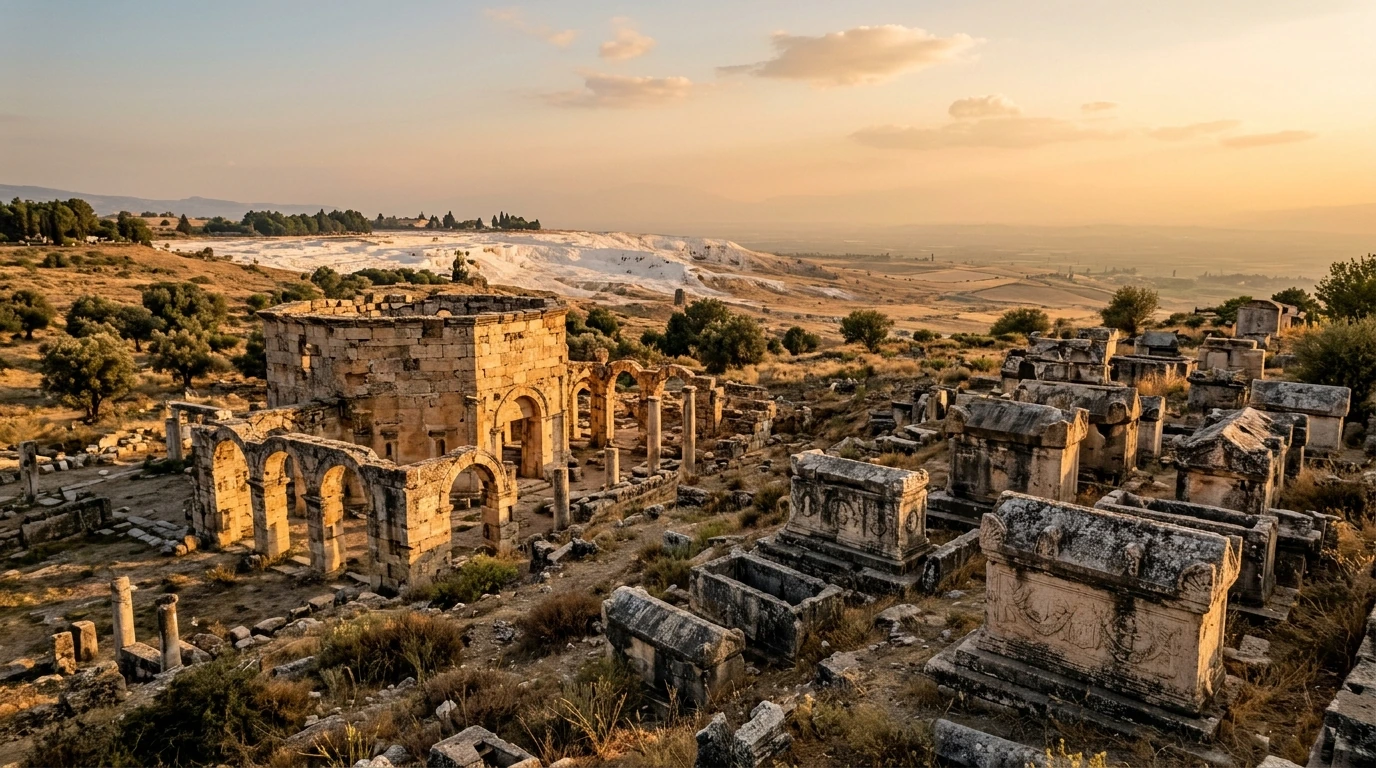 Archaeological landscape of ancient Hierapolis in Phrygia with travertine terraces, Roman necropolis stone sarcophagi, and the octagonal Martyrium of Saint Philip