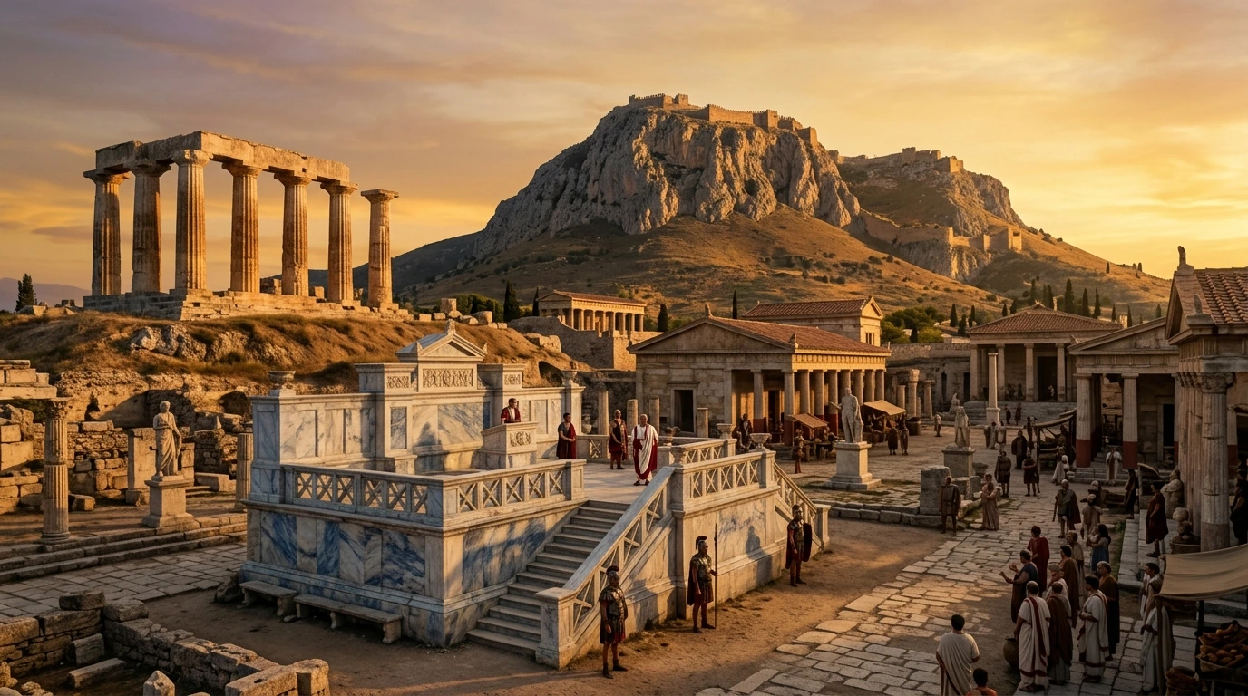 Visual reconstruction of the Apostle Paul standing before Proconsul Gallio seated on the curule chair atop the marble Bema of Corinth with Roman lictors and Corinthian citizens