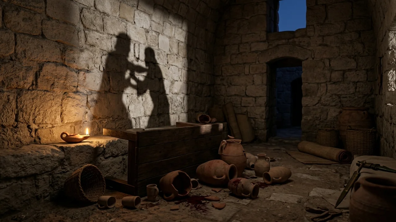 Ancient stone citadel room in Mizpah at twilight with overturned clay wine vessels and assassination struggle shadows on wall