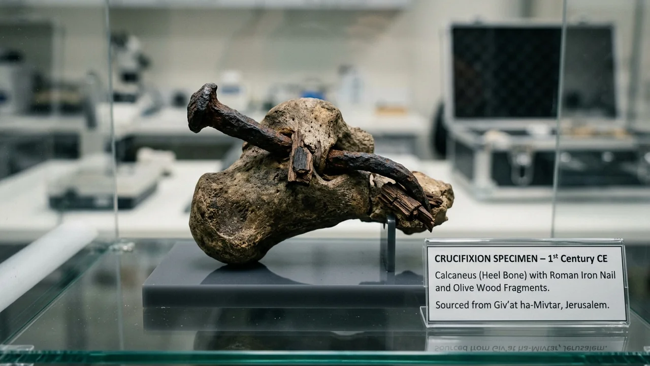 Forensic scientific display of an authentic 1st-century human heel bone pierced through by a bent, rusted Roman iron nail with olive wood fragments attached, high contrast medical lighting