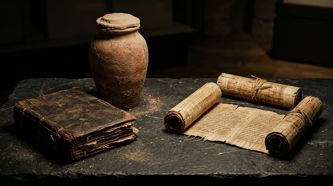 The complete Coptic leather papyrus codex of the Gospel of Thomas (Nag Hammadi Codex II) alongside Greek canonical Gospel fragments