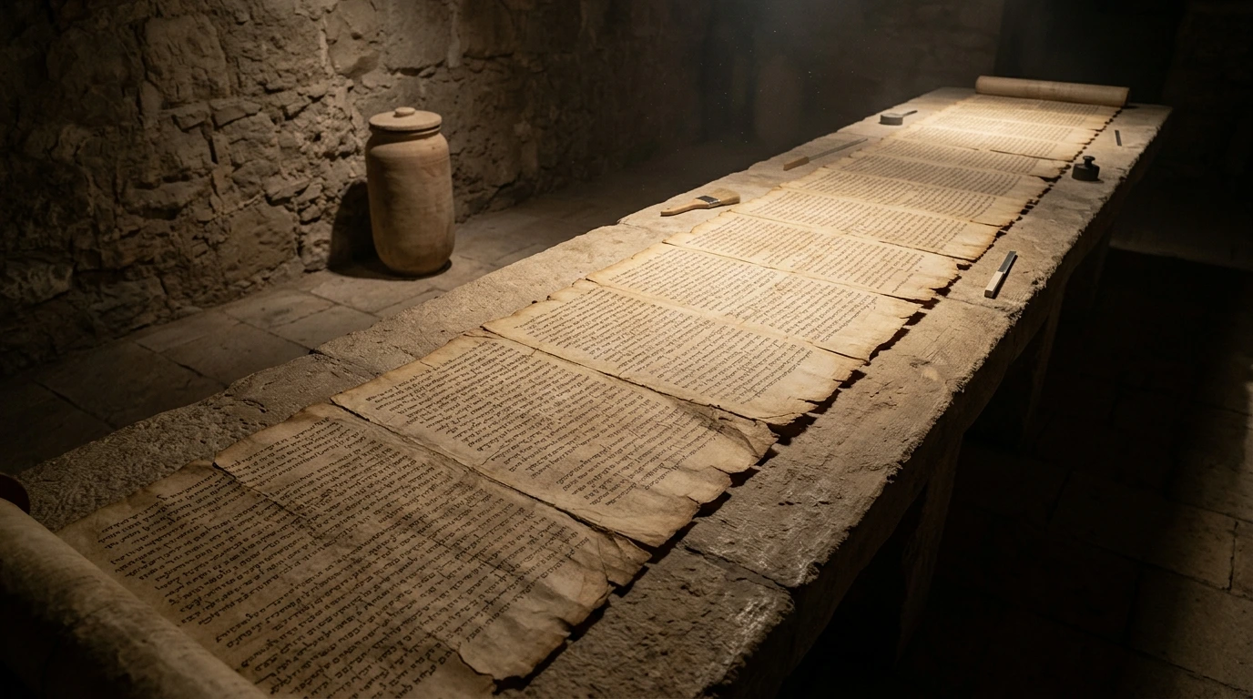 The complete 7-meter Great Isaiah Scroll unrolled across a conservation bench in Jerusalem with Hebrew text of Isaiah 53 clearly visible in chiaroscuro lighting