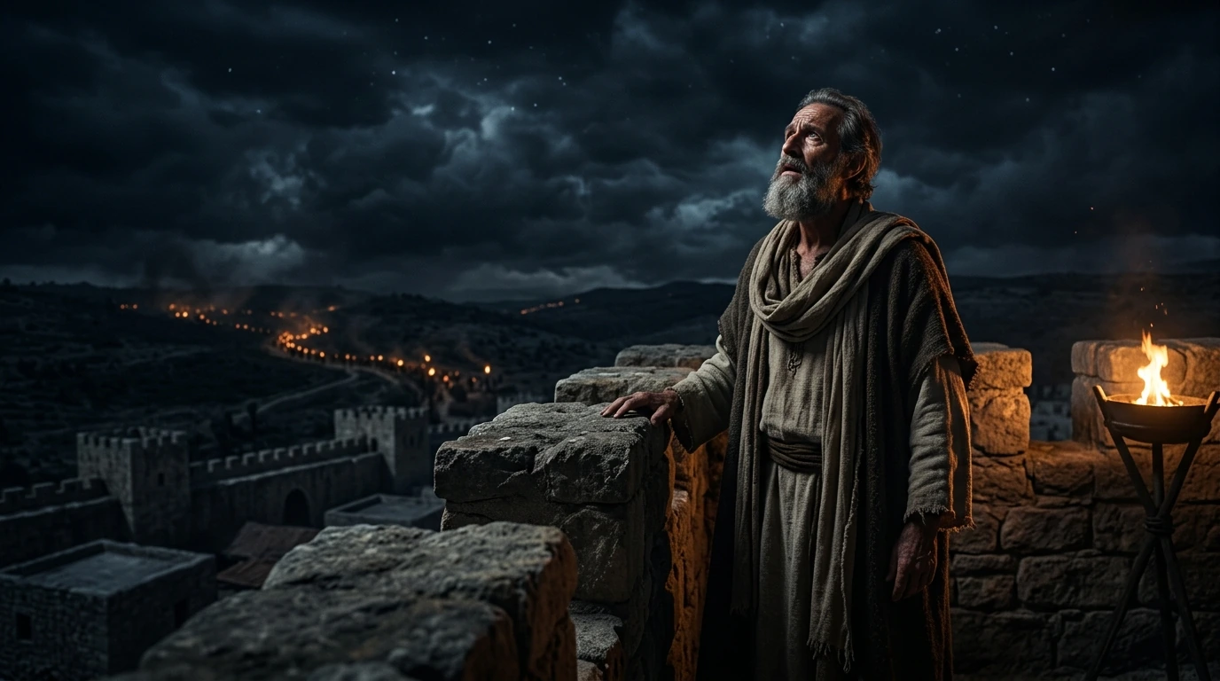 The Prophet Habakkuk standing upon his watchtower at dusk contemplating the divine decree concerning the rise of the Chaldean empire