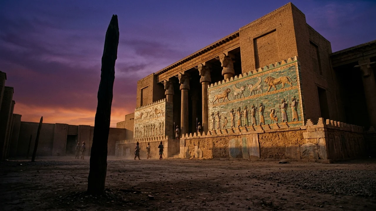 Towering wooden impalement stake silhouetted against purple sunset beside the glazed ceramic brick walls of the Palace of Susa in Persia