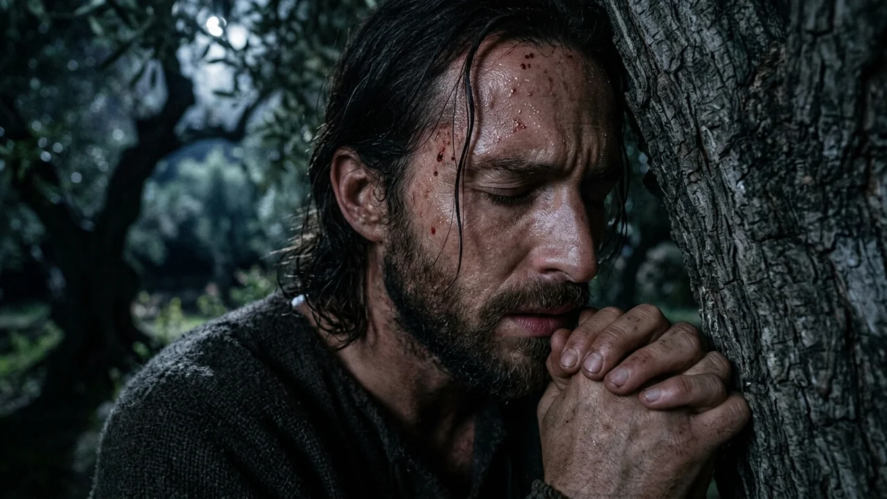 Macro close-up portrait of Jesus praying in the Garden of Gethsemane under ancient gnarled olive trees at cold night, sweat mixed with blood