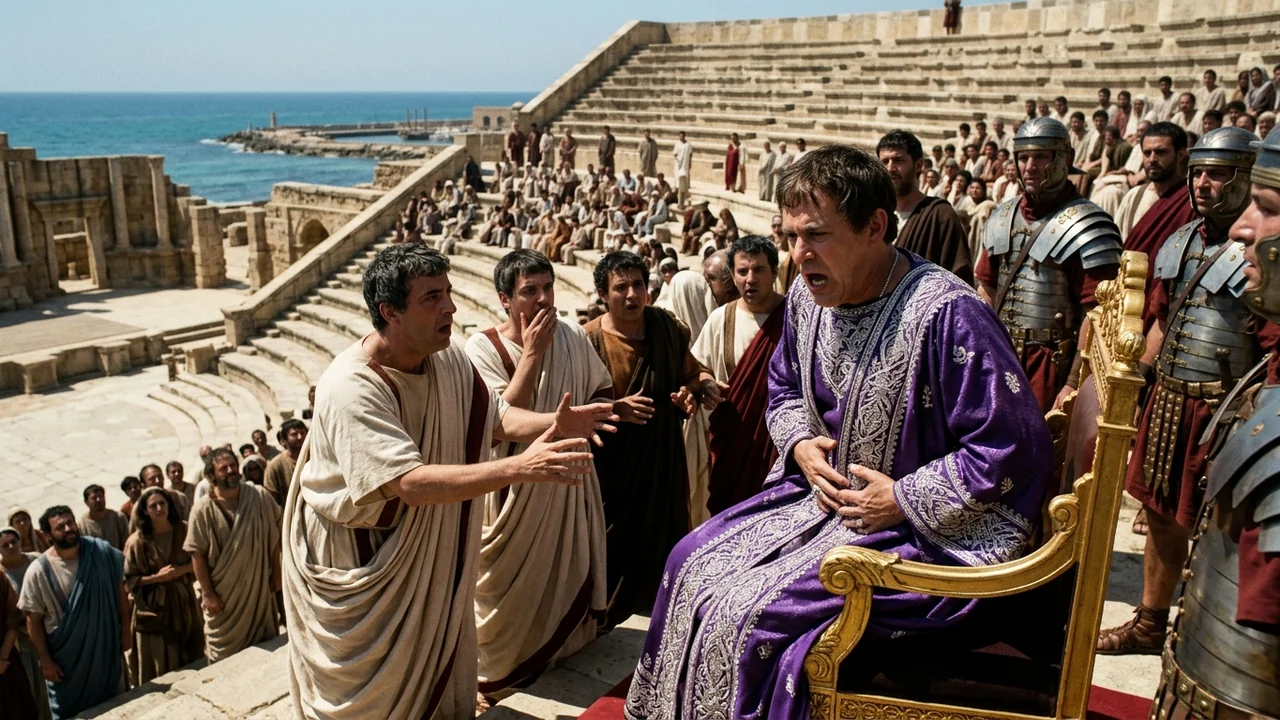 King Herod Agrippa collapsing in agonizing shock on his golden throne in the Roman theater of Caesarea Maritima