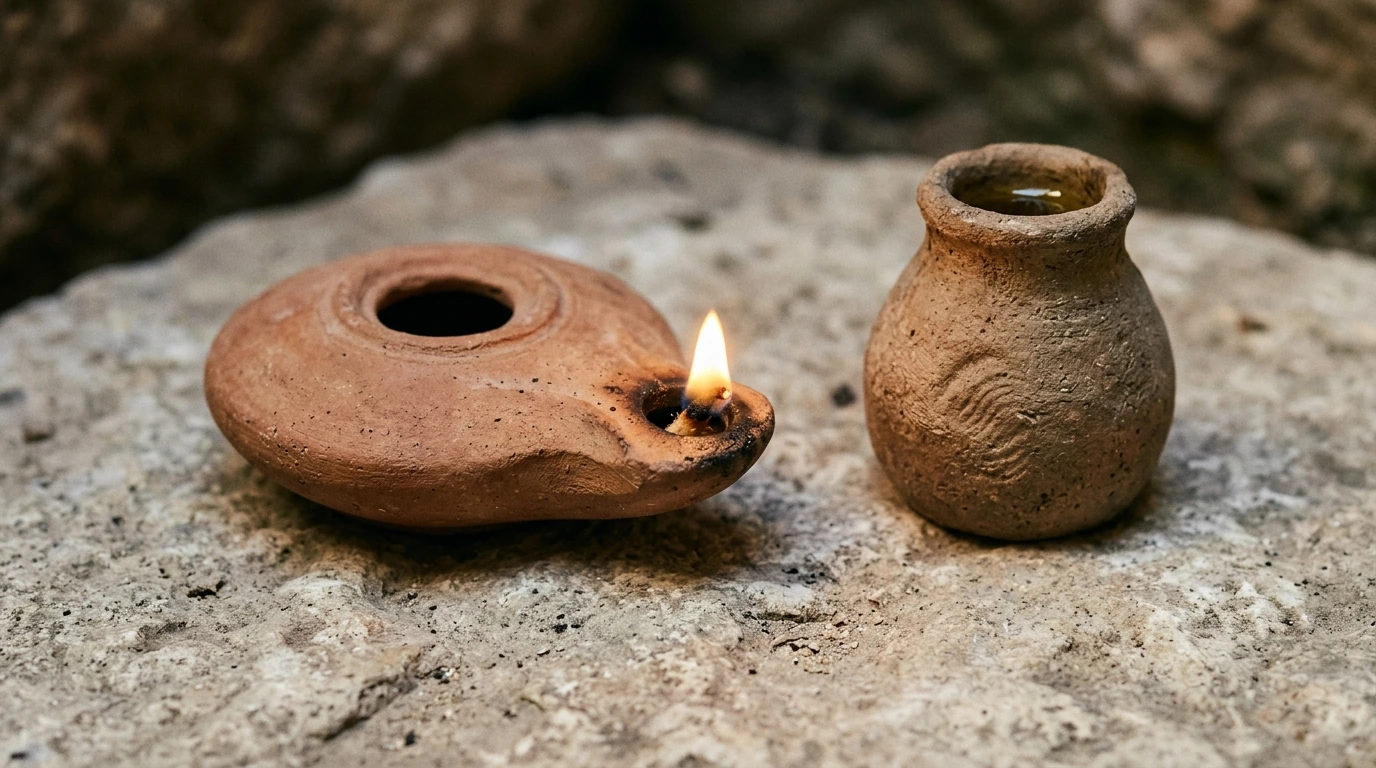 High-resolution macro archaeological photograph of an authentic first-century Herodian wheel-made terracotta oil lamp with knife-pared splayed nozzle and glowing flax wick on an ancient limestone surface