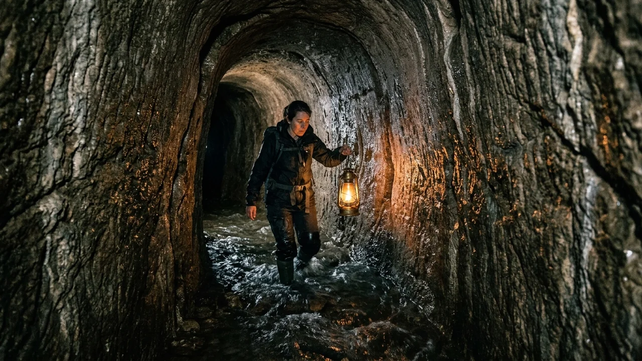 Inside the narrow, wet underground Hezekiah water tunnel in Jerusalem, ancient pick-axe chisel marks visible on curving limestone walls
