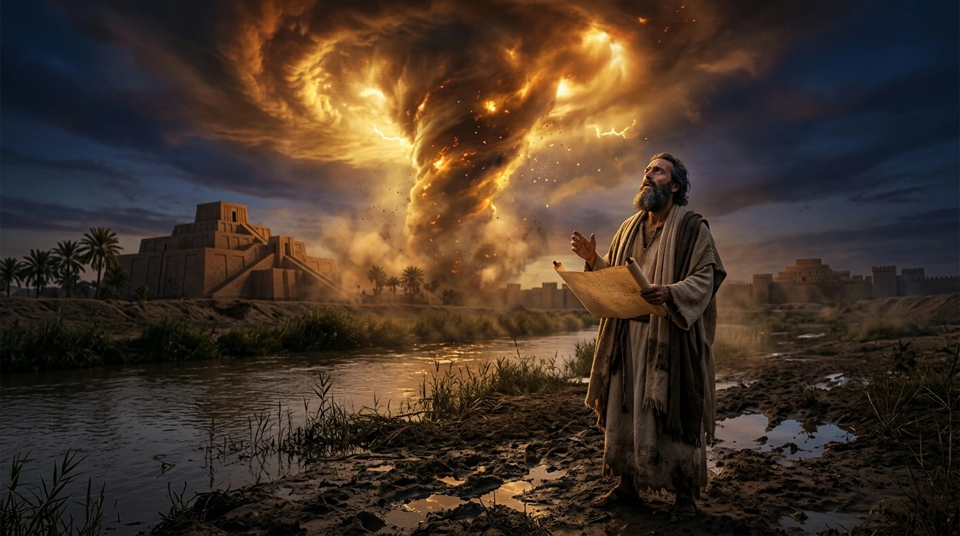 The Prophet Ezekiel on the banks of the River Chebar in Babylon contemplating ancient scrolls under a stormy twilight sky